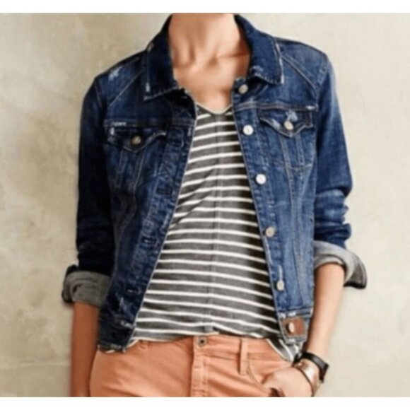 Pilcro and the Letterpress AVIE Denim jean trucker jacket leather detail - Small - Picture 1 of 11